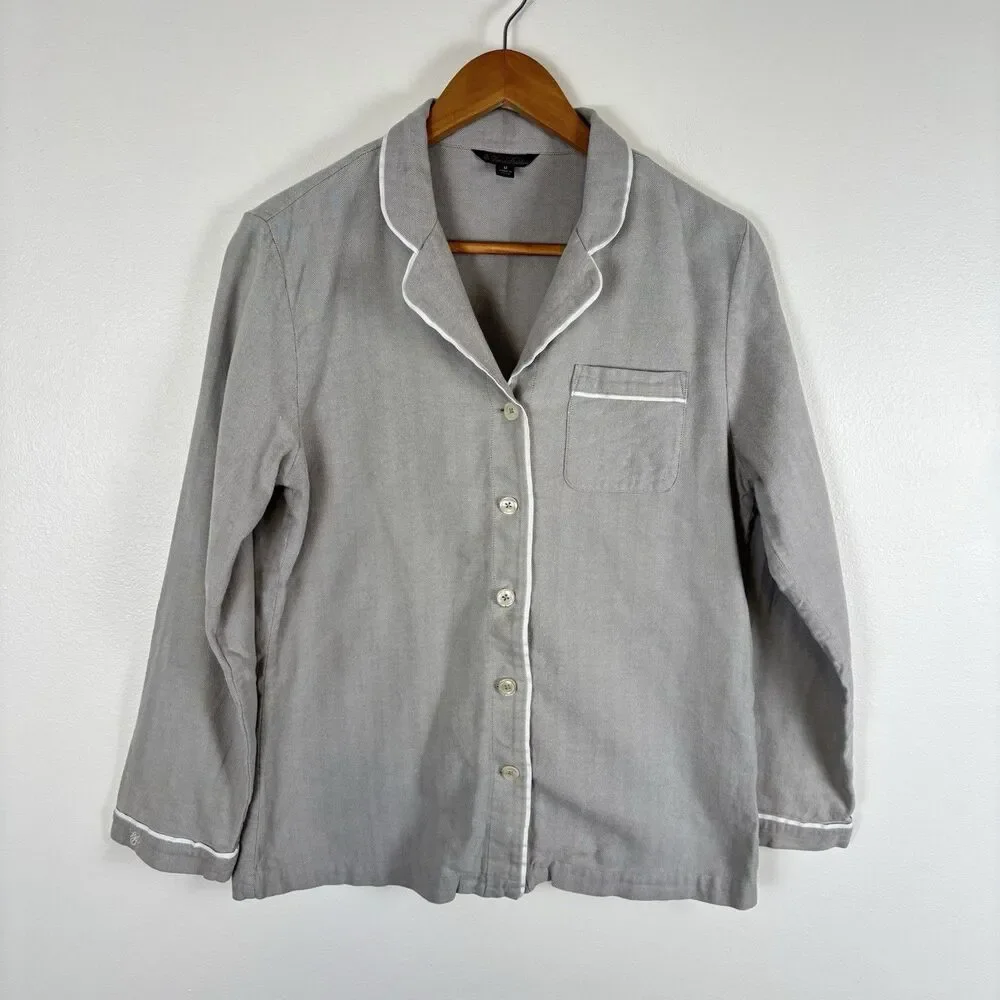 Brooks Brothers Womens M Gray Herringbone Button Front Pajama Top Cotton Logo